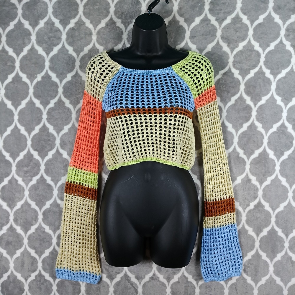 Urban Outfitters Crochet Knit Sweater Womens S Blue Colorblock Crop Top Layer